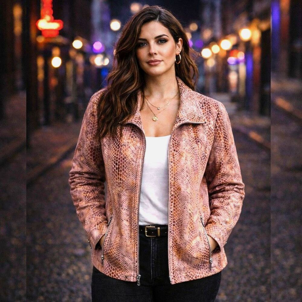 Whimsical 3X Edgy Snakeskin Print Moto Jacket Pink Brown Faux Leather Zip Front
